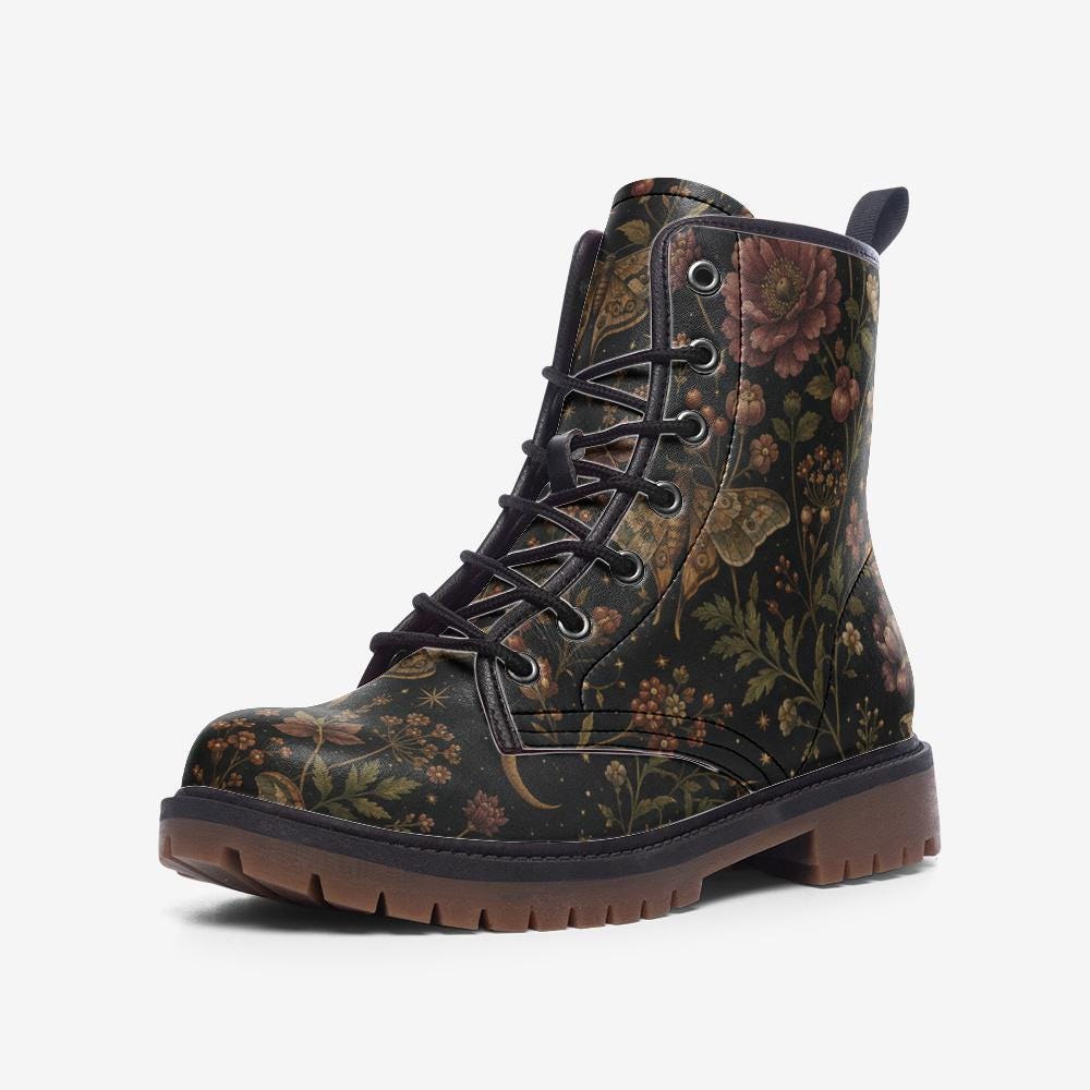 Dark Floral Moth Moon Lace Up Boots, Botanical Print Ankle Footwear
