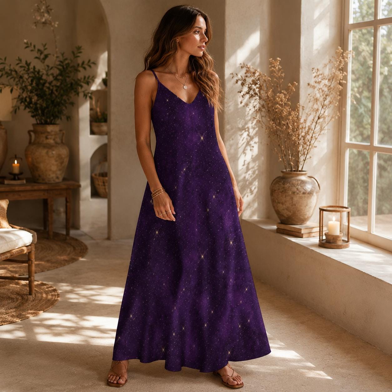 Purple Galaxy Celestial Maxi Dress, Witchy Cosmic Star Print Sundress