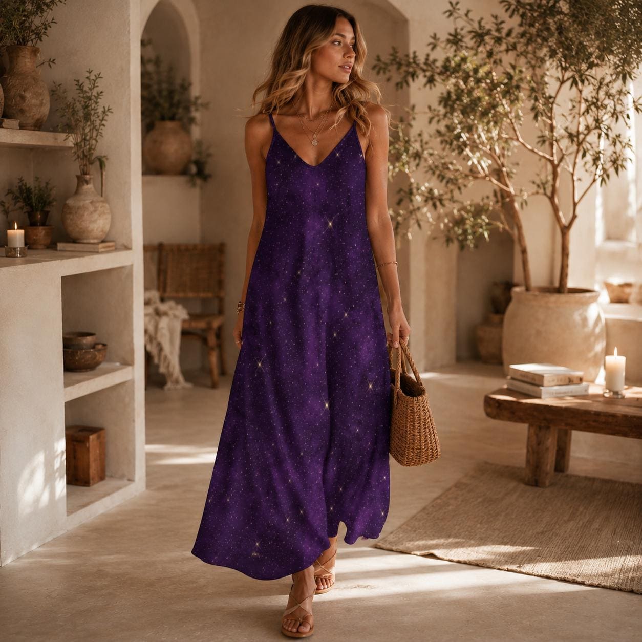 Purple Galaxy Celestial Maxi Dress, Witchy Cosmic Star Print Sundress