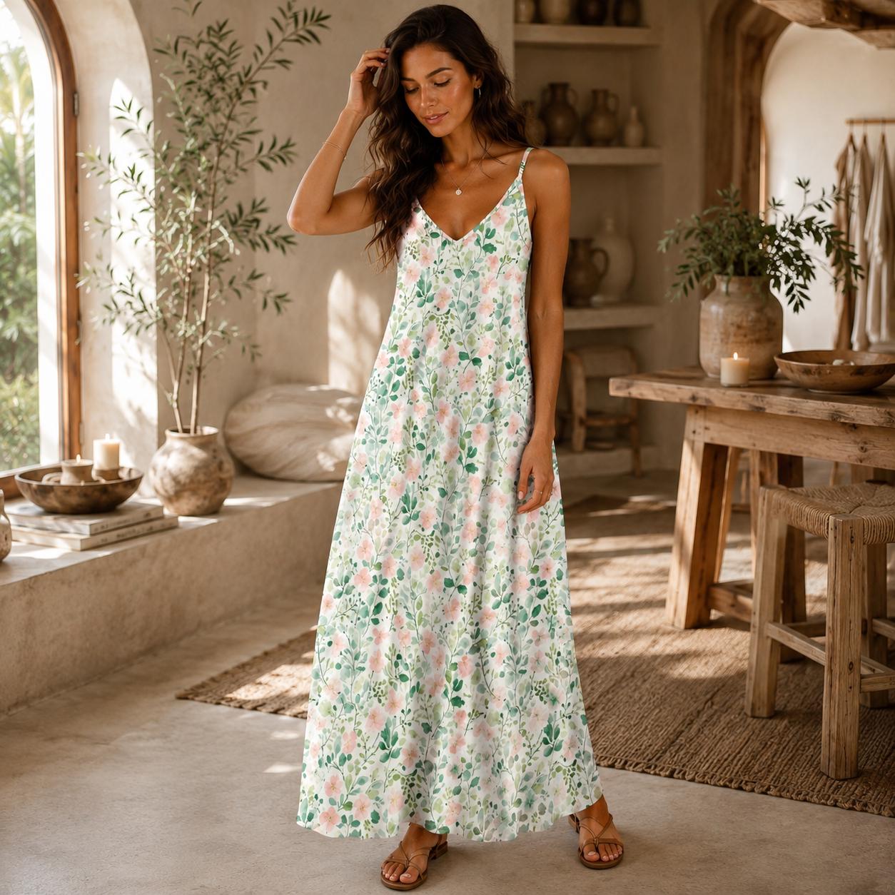 Watercolor Floral Maxi Dress, Sage Green, Pink Blooms, Cottagecore Slip Sundress