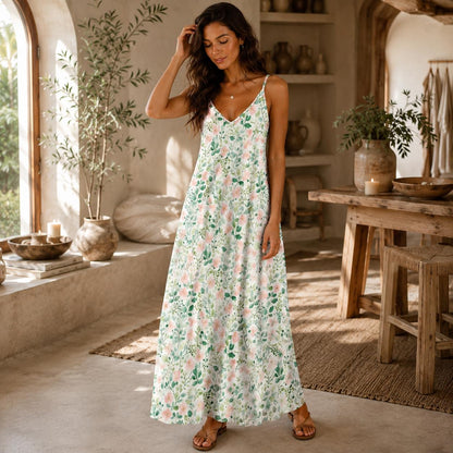 Watercolor Floral Maxi Dress, Sage Green, Pink Blooms, Cottagecore Slip Sundress