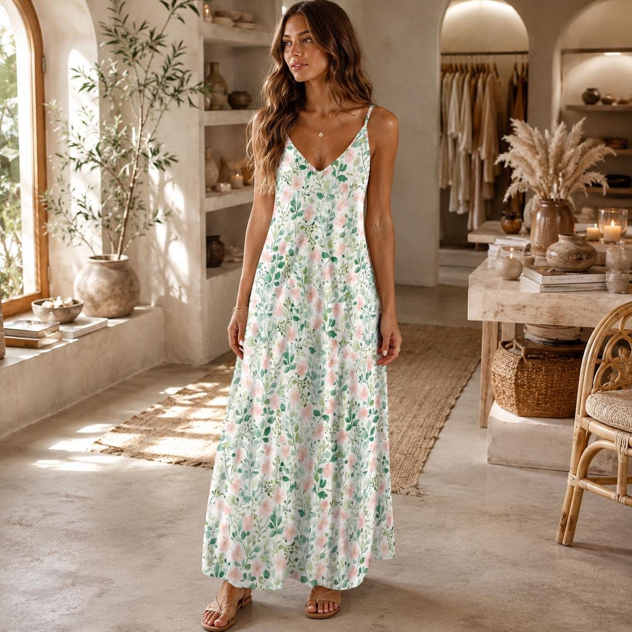 Watercolor Floral Maxi Dress, Sage Green, Pink Blooms, Cottagecore Slip Sundress