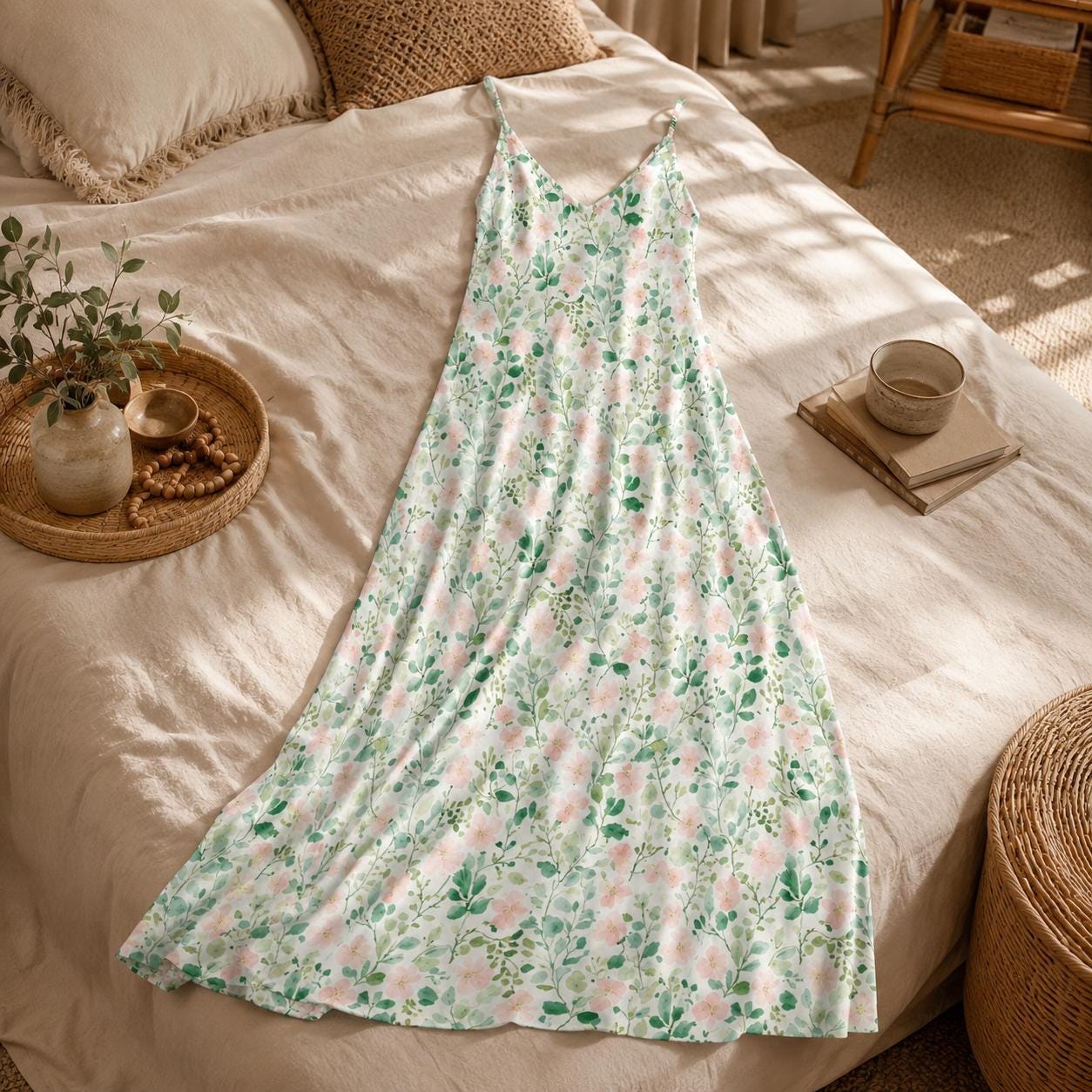 Watercolor Floral Maxi Dress, Sage Green, Pink Blooms, Cottagecore Slip Sundress