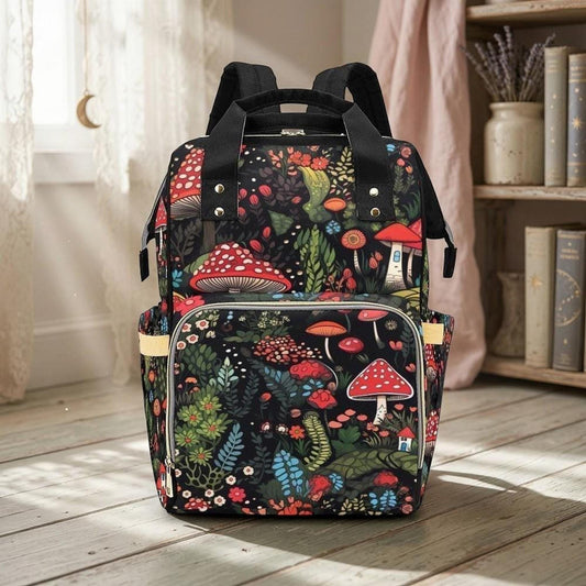 A black backpack with a colorful mushroom and forest print stands upright on a light wooden floor, with a sheer curtain and bookshelf in the background.