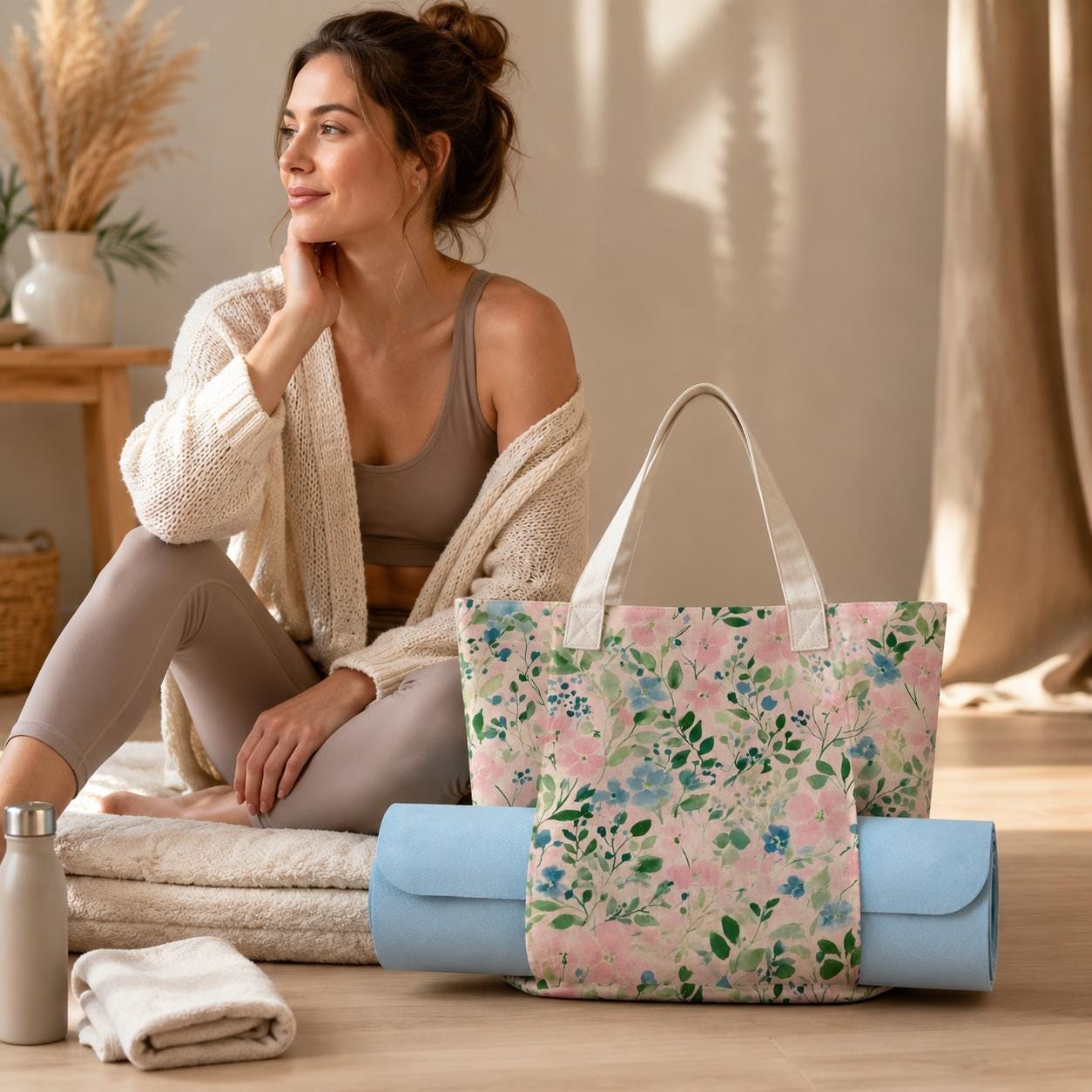 Floral Yoga Bag, Watercolor Flowers Tote with Mat Sleeve, Meditation Gym Bag