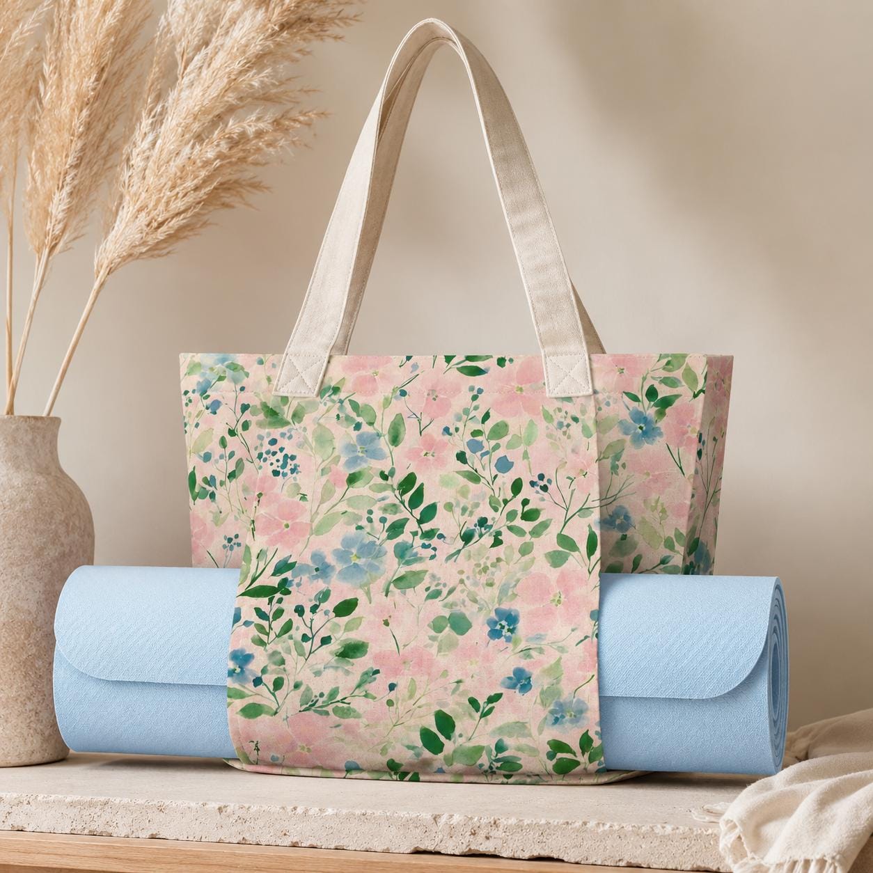 Floral Yoga Bag, Watercolor Flowers Tote with Mat Sleeve, Meditation Gym Bag