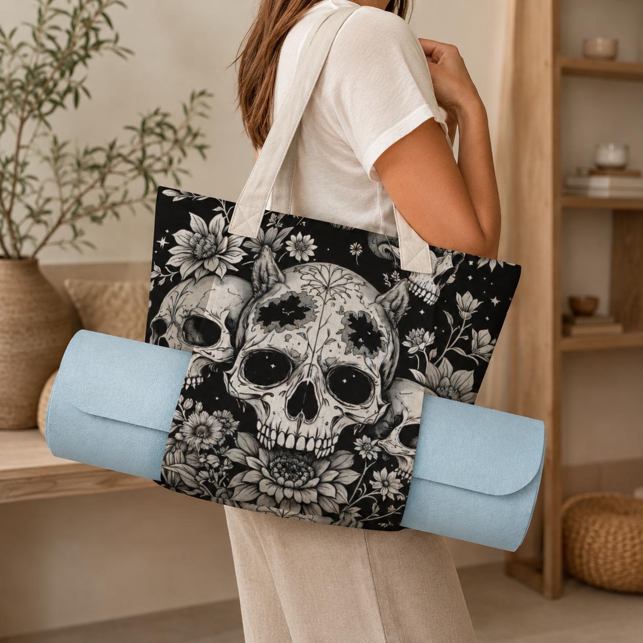Gothic Skull Floral Yoga Mat Bag, Black White Line Art Tote, Witchy Gym Bag