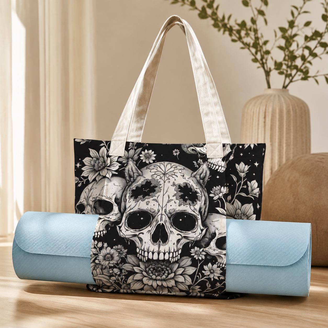 Gothic Skull Floral Yoga Mat Bag, Black White Line Art Tote, Witchy Gym Bag