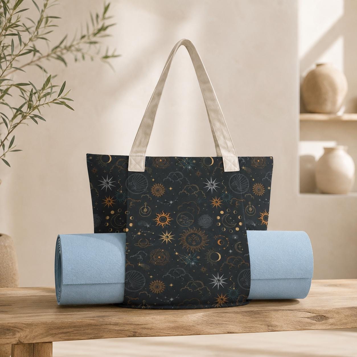 Celestial Yoga Mat Bag, Sun Moon Stars Tote with Strap, Dark Boho Studio Carrier