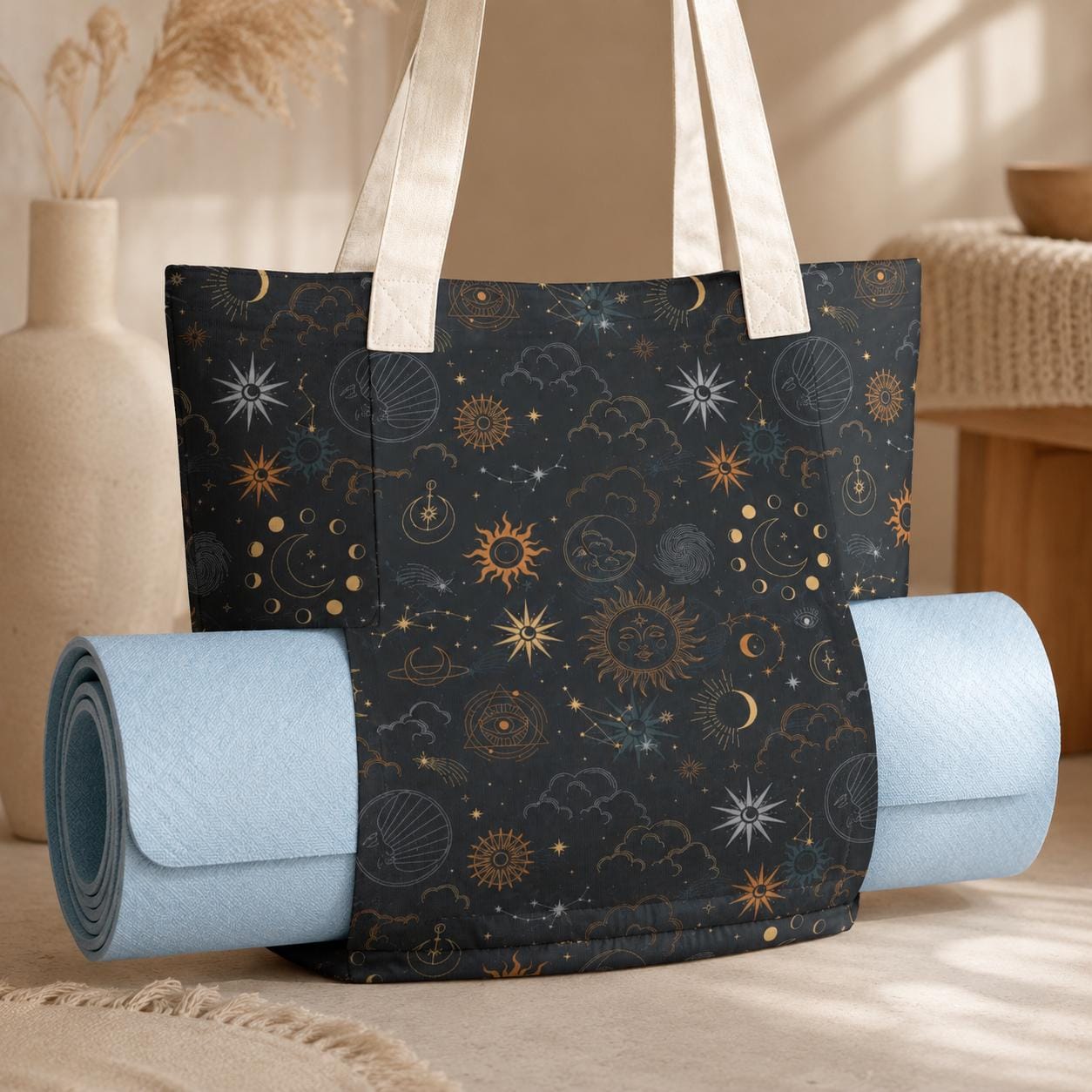 Celestial Yoga Mat Bag, Sun Moon Stars Tote with Strap, Dark Boho Studio Carrier