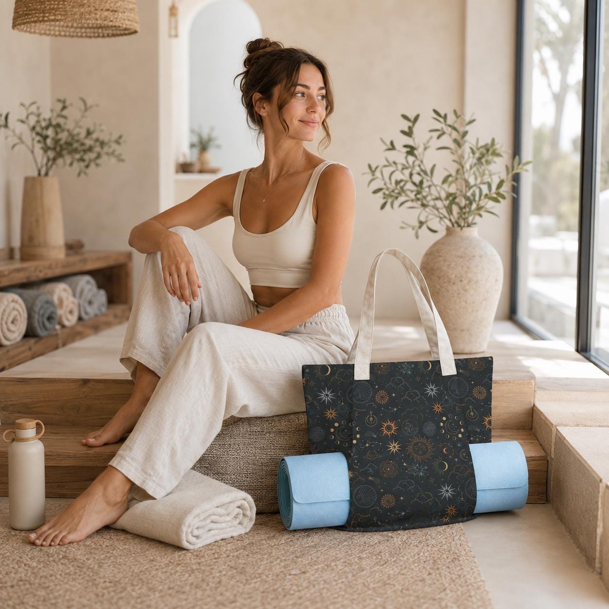 Celestial Yoga Mat Bag, Sun Moon Stars Tote with Strap, Dark Boho Studio Carrier