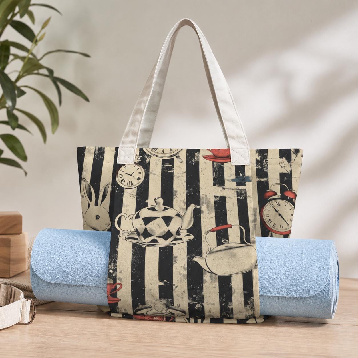 Alice in Wonderland Yoga Mat Bag, Vintage Tea Party Tote, Striped Gym Carrier