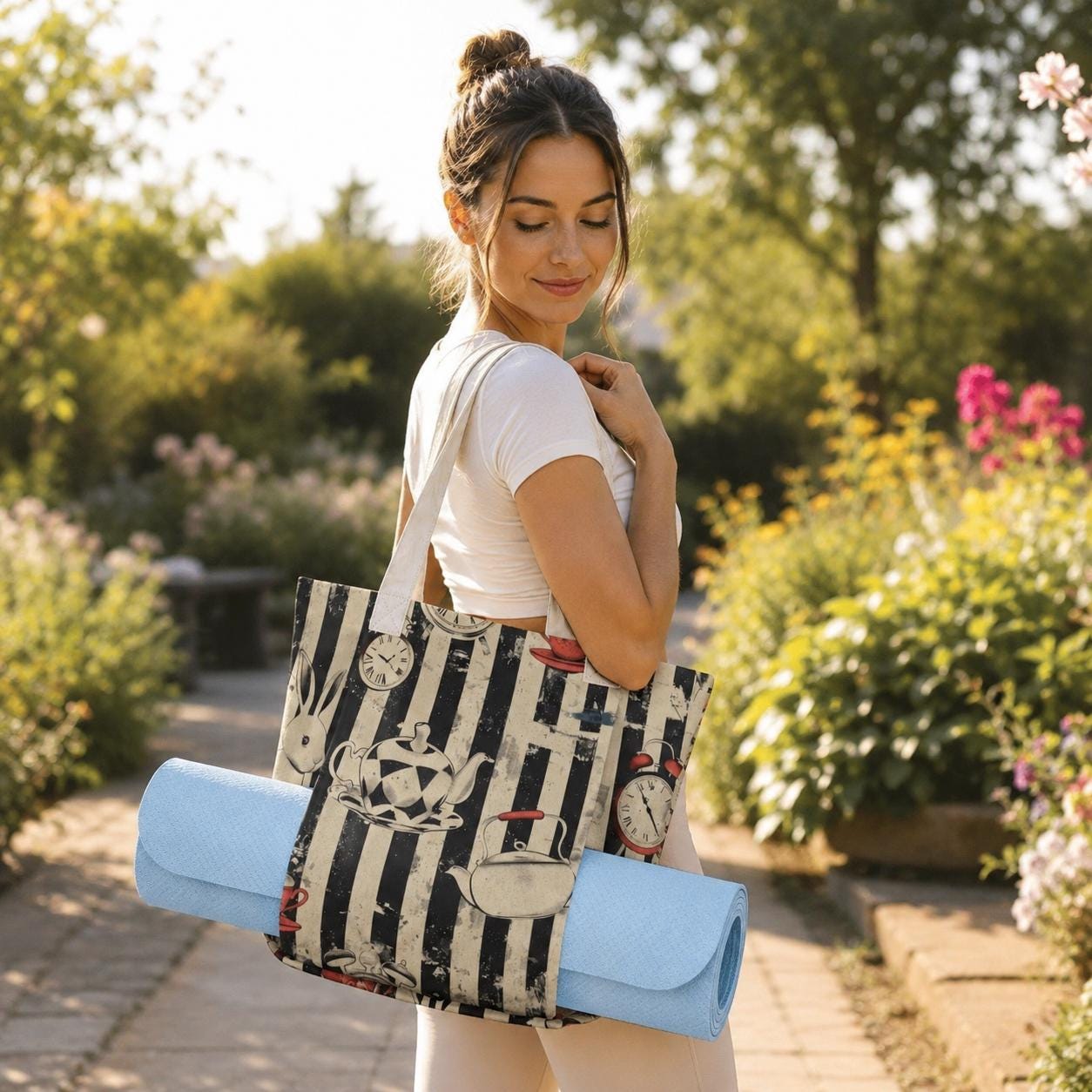 Alice in Wonderland Yoga Mat Bag, Vintage Tea Party Tote, Striped Gym Carrier
