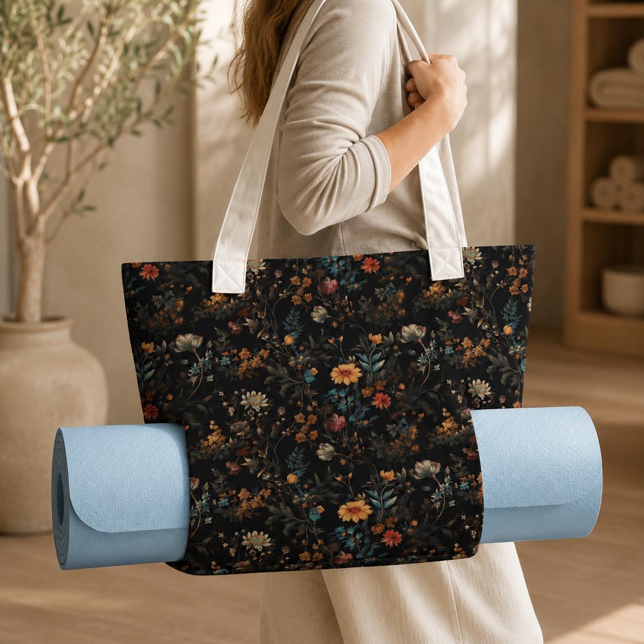 Dark Floral Yoga Mat Bag, Moody Wildflower Botanical Tote Carrier
