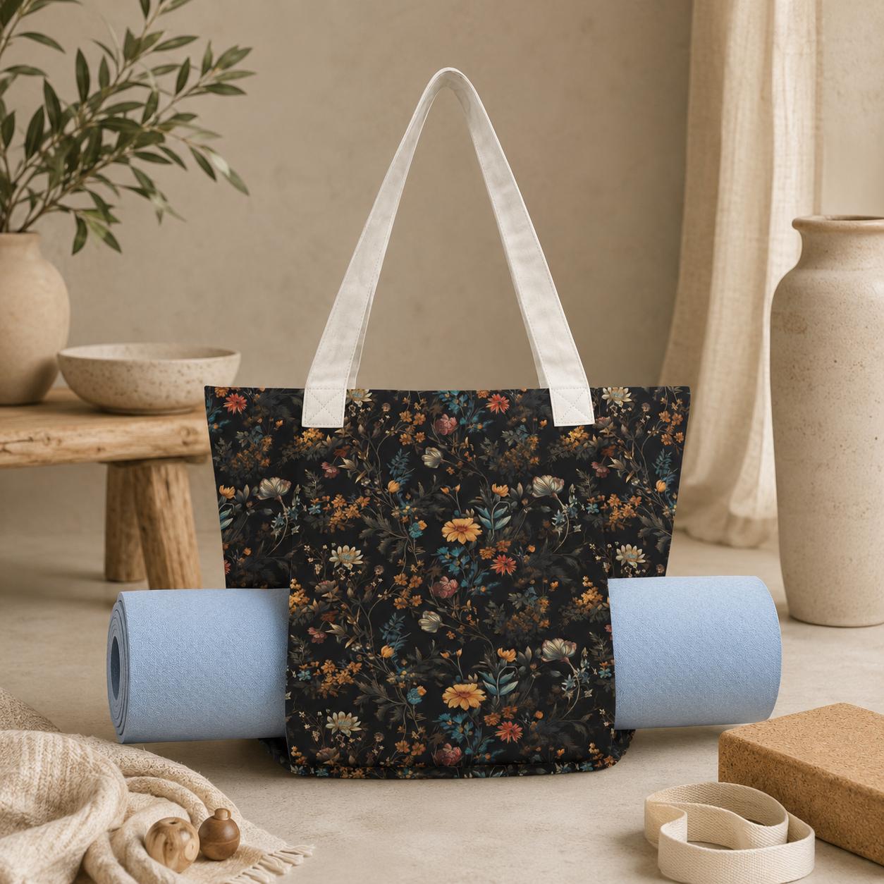 Dark Floral Yoga Mat Bag, Moody Wildflower Botanical Tote Carrier