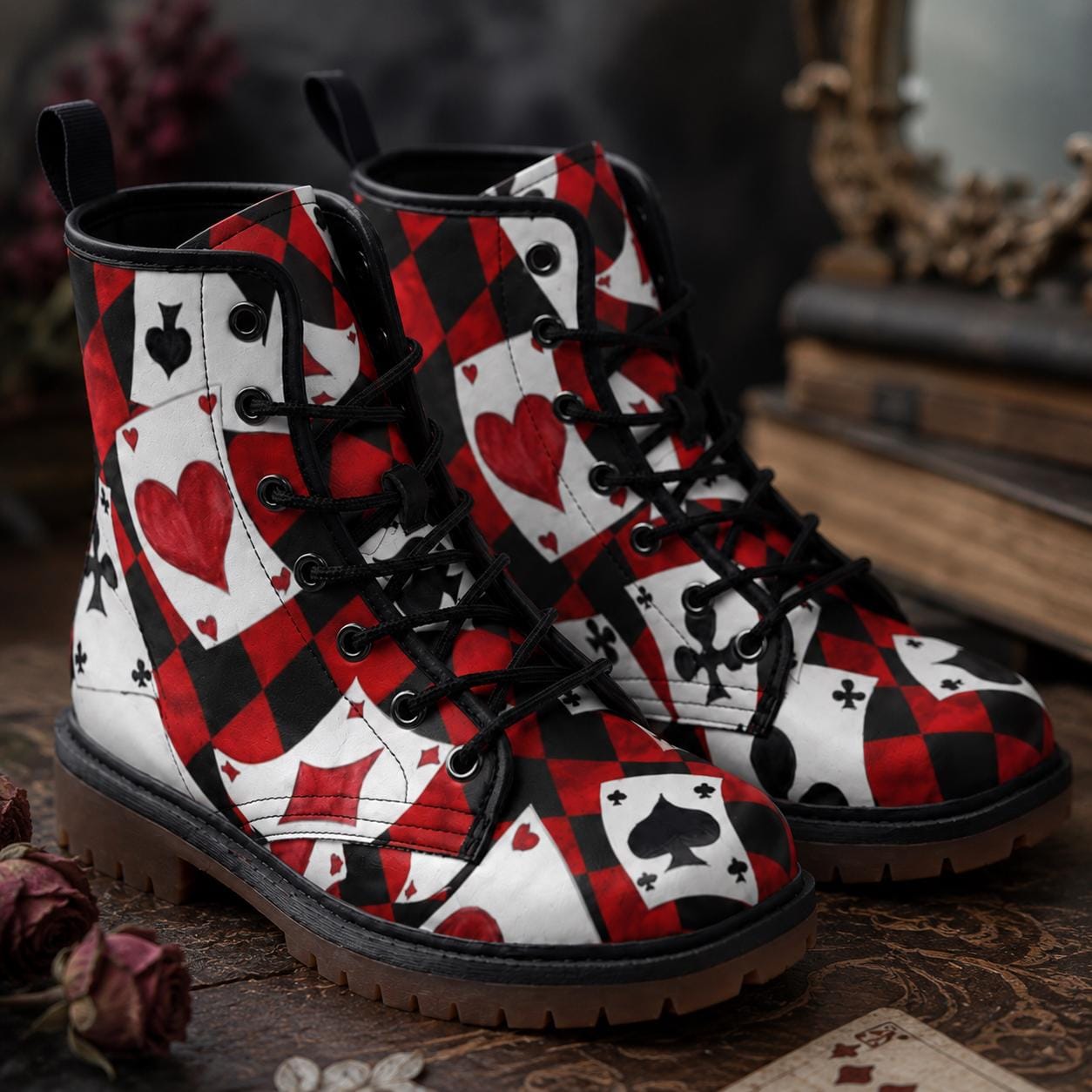 Queen of Hearts Combat Boots, Red Black Card Print Lace Up Shoes