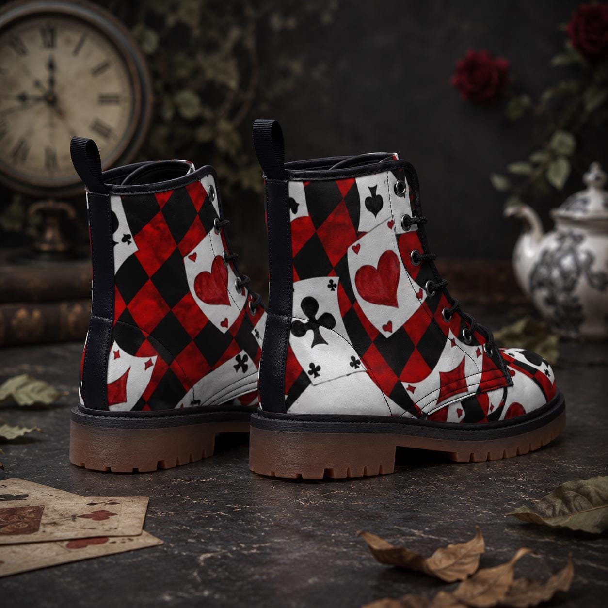 Queen of Hearts Combat Boots, Red Black Card Print Lace Up Shoes