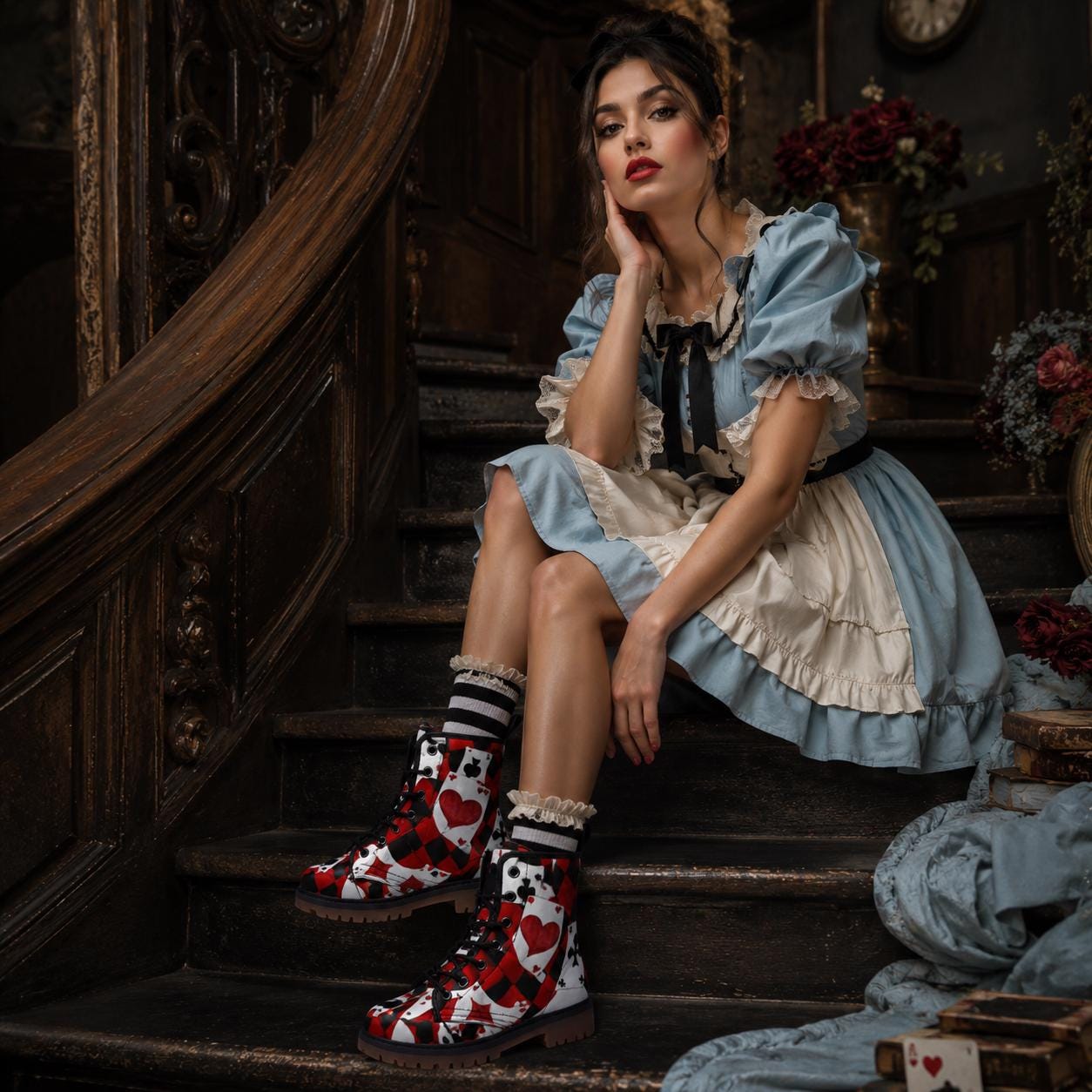 Queen of Hearts Combat Boots, Red Black Card Print Lace Up Shoes
