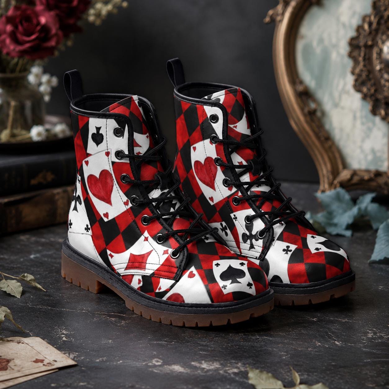 Queen of Hearts Combat Boots, Red Black Card Print Lace Up Shoes