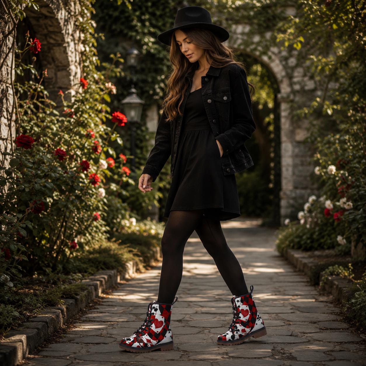 Queen of Hearts Combat Boots, Red Black Card Print Lace Up Shoes