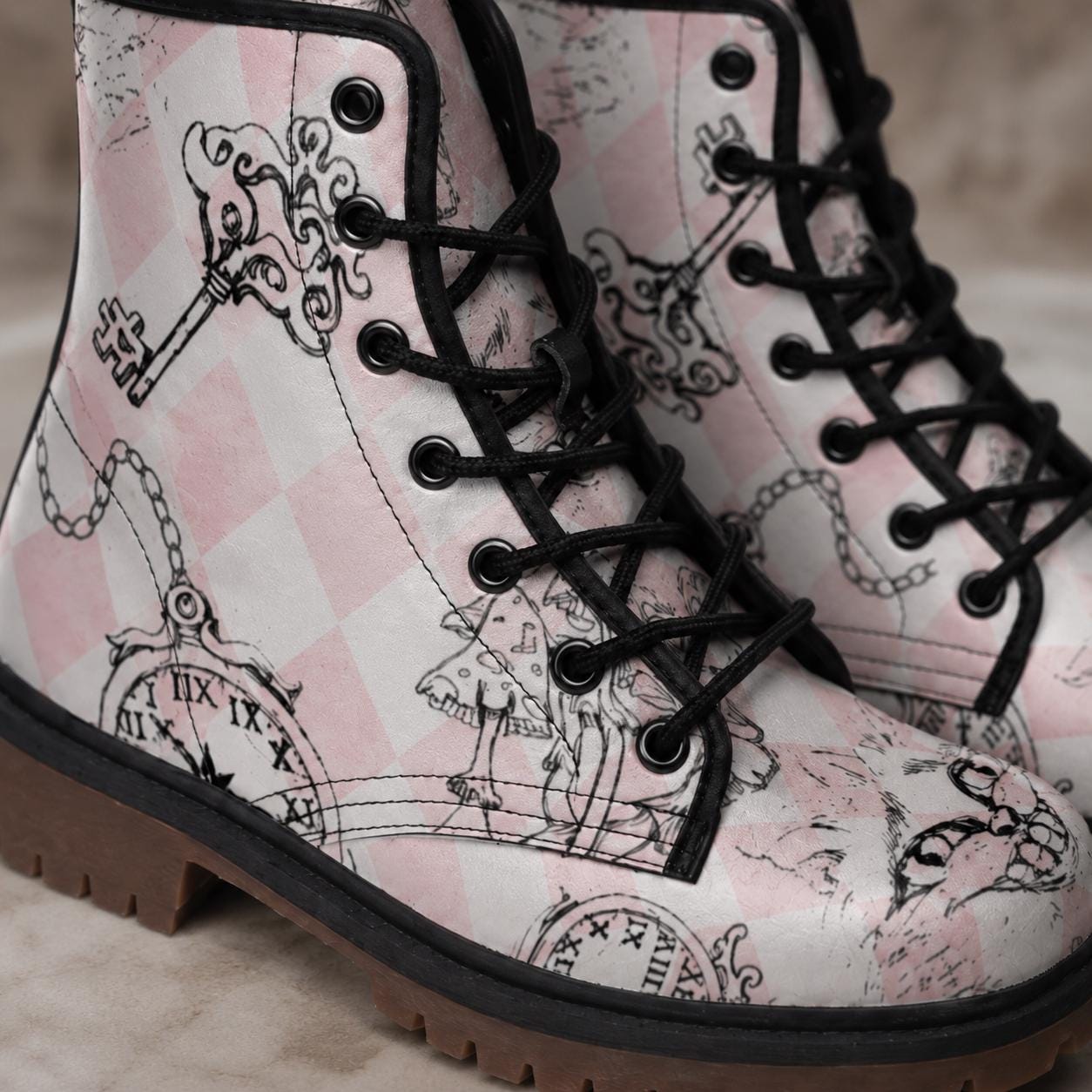Wonderland Mushroom Combat Boots, Pink Alice Check Lace Up Shoes, Cottagecore Fairycore Print