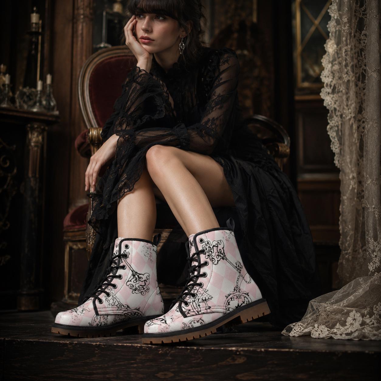 Wonderland Mushroom Combat Boots, Pink Alice Check Lace Up Shoes, Cottagecore Fairycore Print