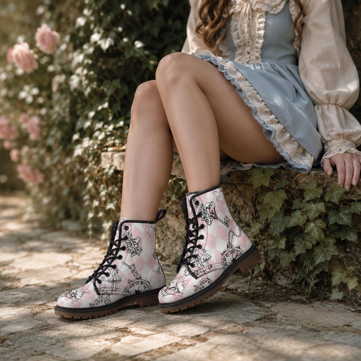 Wonderland Mushroom Combat Boots, Pink Alice Check Lace Up Shoes, Cottagecore Fairycore Print