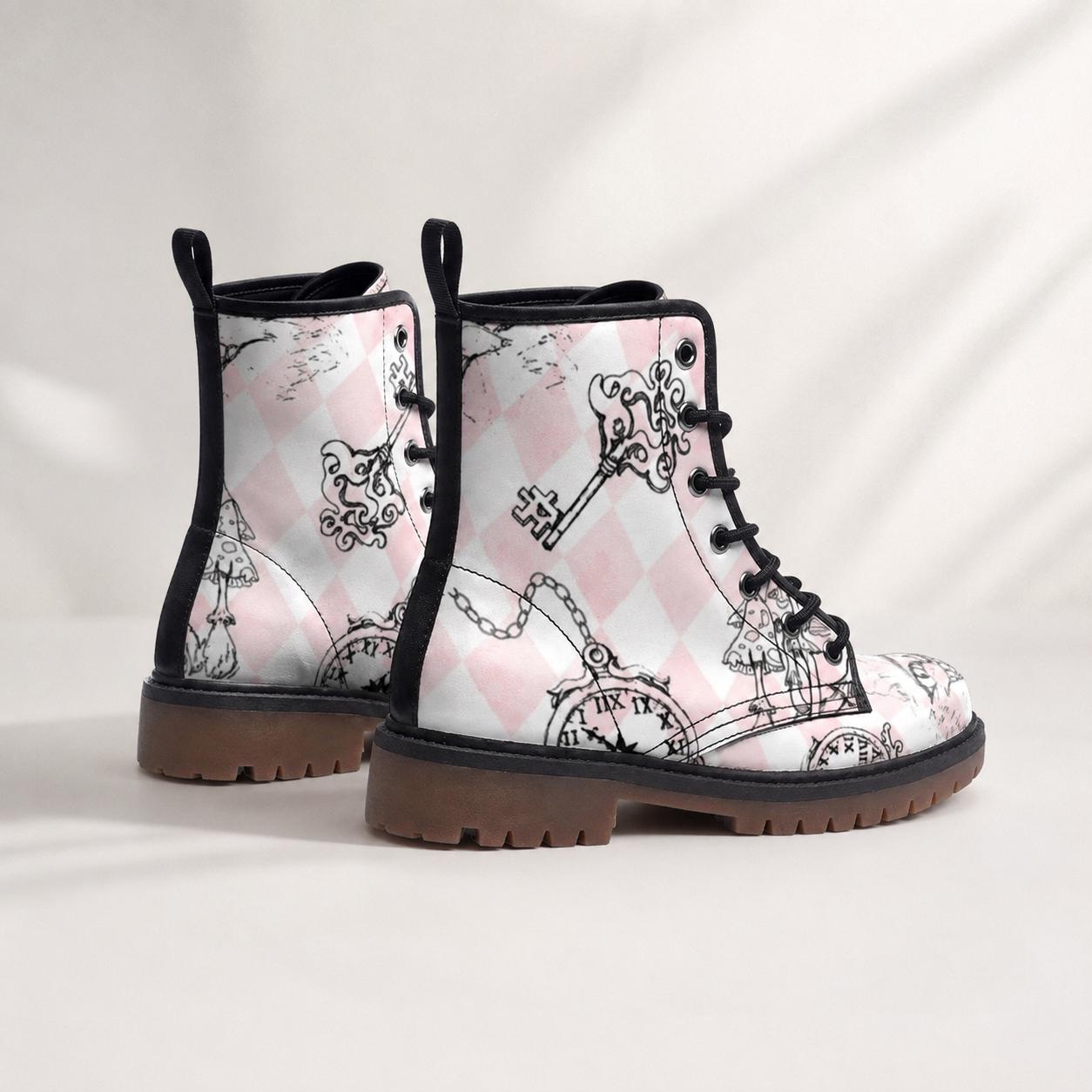 Wonderland Mushroom Combat Boots, Pink Alice Check Lace Up Shoes, Cottagecore Fairycore Print