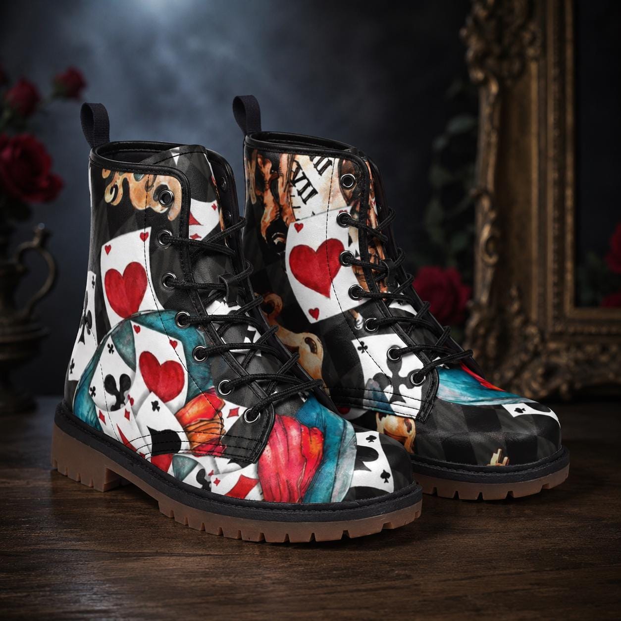 Mad Hatter Watercolor Card Print Combat Boots, Queen of Hearts Lace Up Shoes