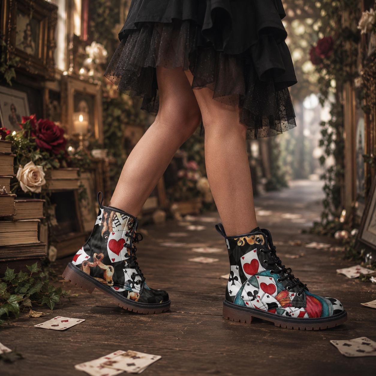 Mad Hatter Watercolor Card Print Combat Boots, Queen of Hearts Lace Up Shoes