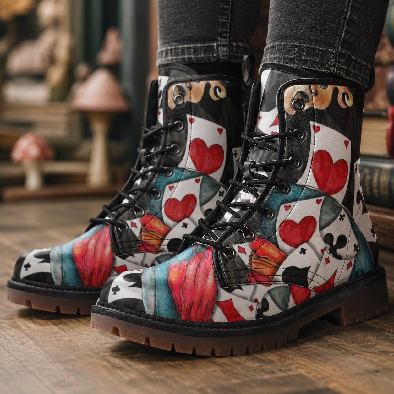 Mad Hatter Watercolor Card Print Combat Boots, Queen of Hearts Lace Up Shoes