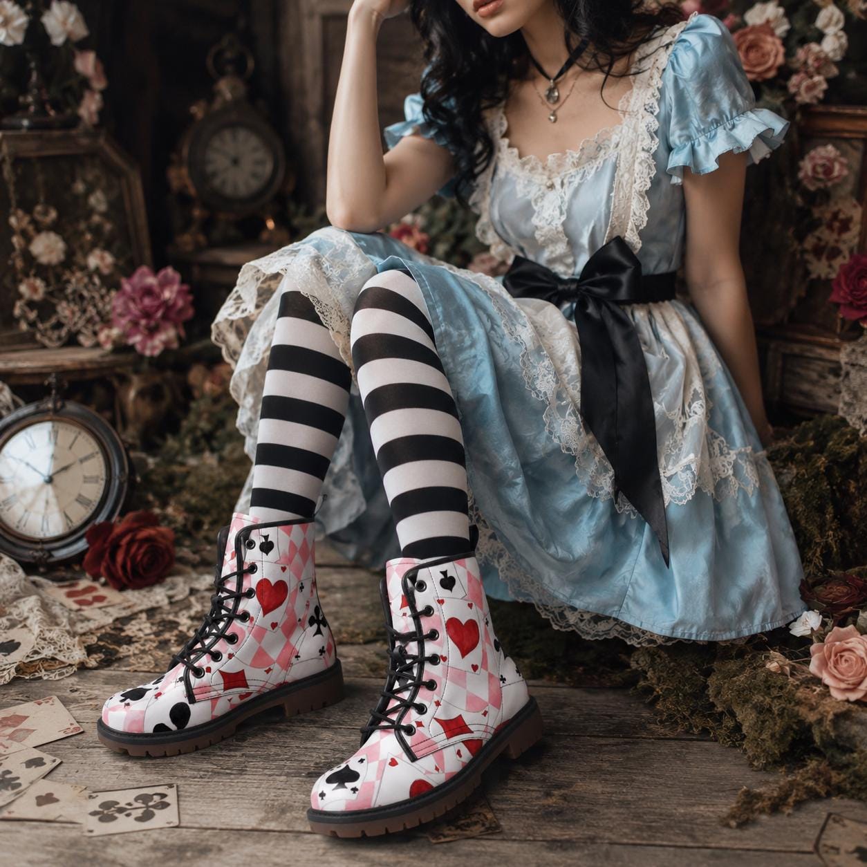 Wonderland Playing Card Combat Boots, Pink Harlequin Check Alice Cosplay Shoes