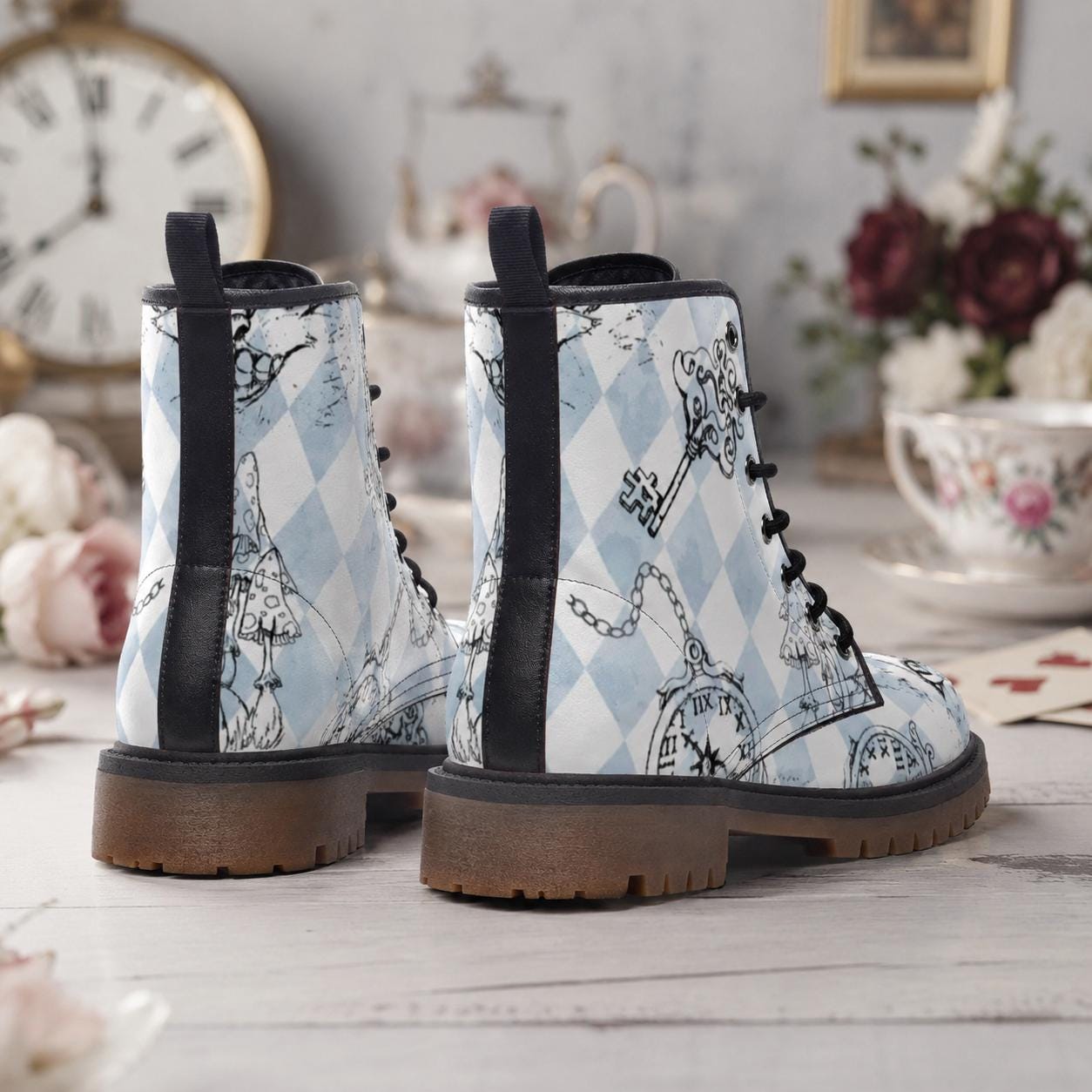 Alice in Wonderland Harlequin Boots, Mushroom Pocket Watch Print, Vegan Leather Lace Up