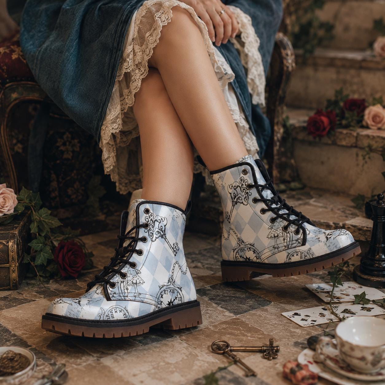 Alice in Wonderland Harlequin Boots, Mushroom Pocket Watch Print, Vegan Leather Lace Up