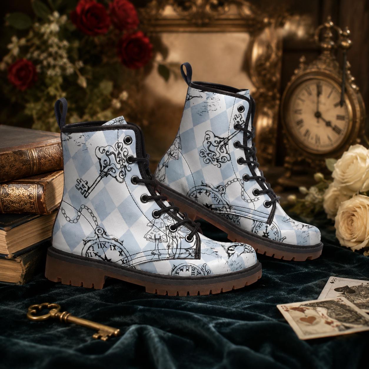 Alice in Wonderland Harlequin Boots, Mushroom Pocket Watch Print, Vegan Leather Lace Up
