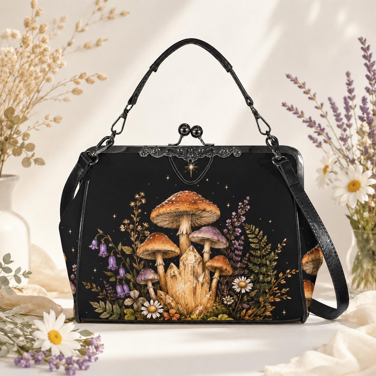 Mushroom Crystal Handbag, Black Kiss Lock Purse, Forest Daisy Print, Witchy Crossbody Bag