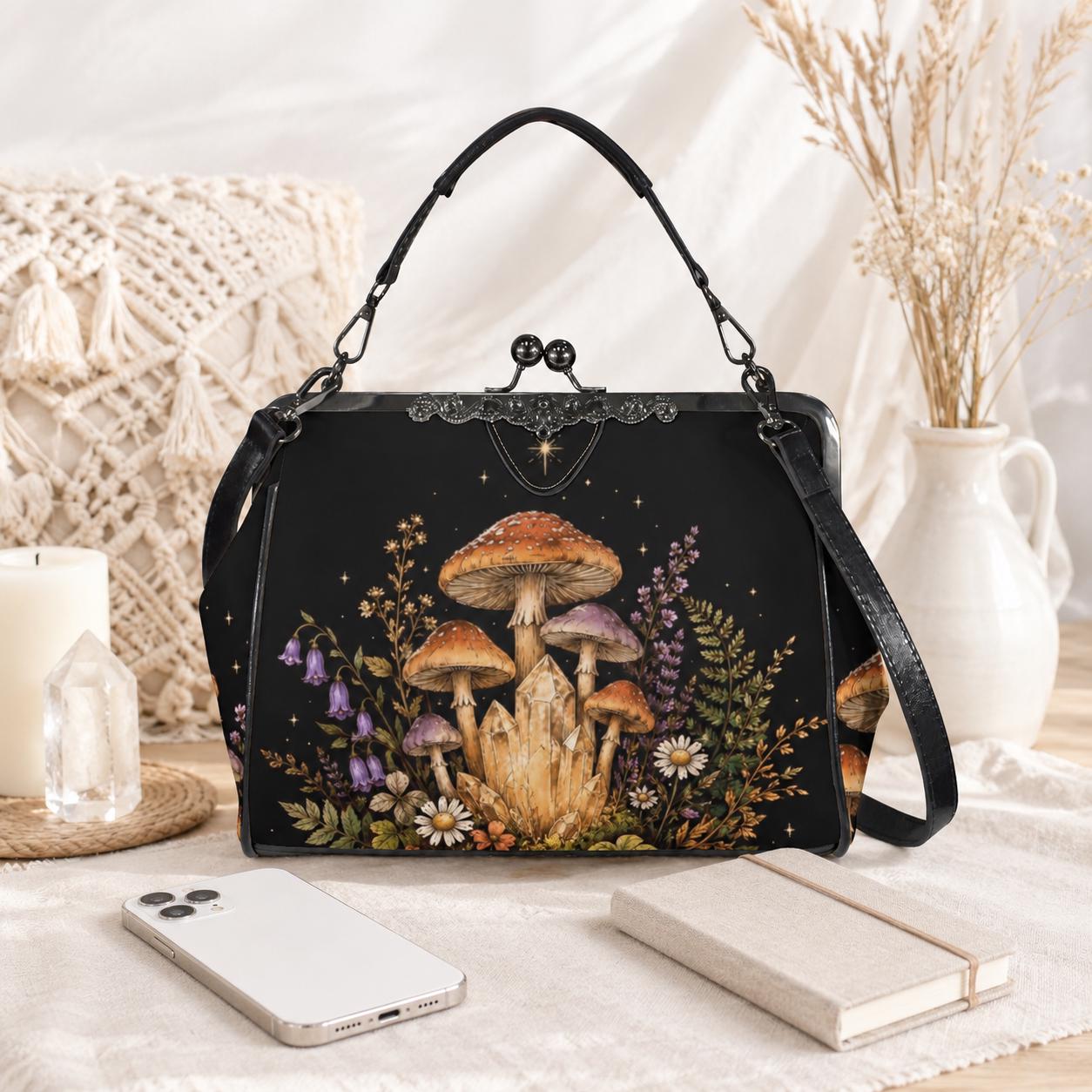 Mushroom Crystal Handbag, Black Kiss Lock Purse, Forest Daisy Print, Witchy Crossbody Bag