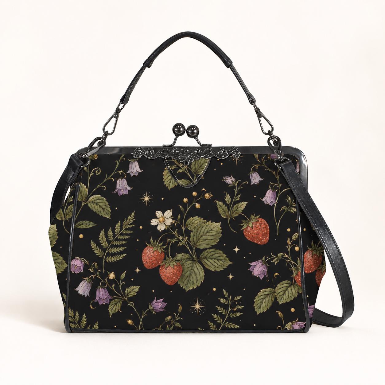 Black Wild Strawberry Kiss Lock Handbag, Vintage Cottagecore Crossbody Purse