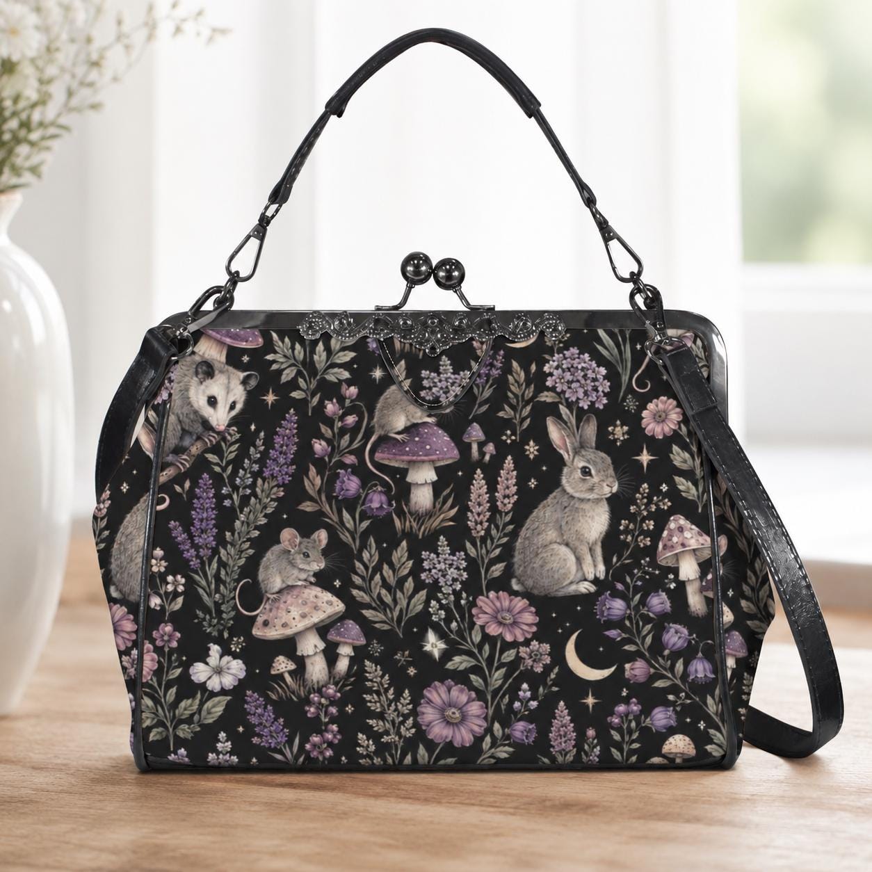 Woodland Animal Kiss Lock Bag, Opossum Rabbit Mouse Floral Print Purse