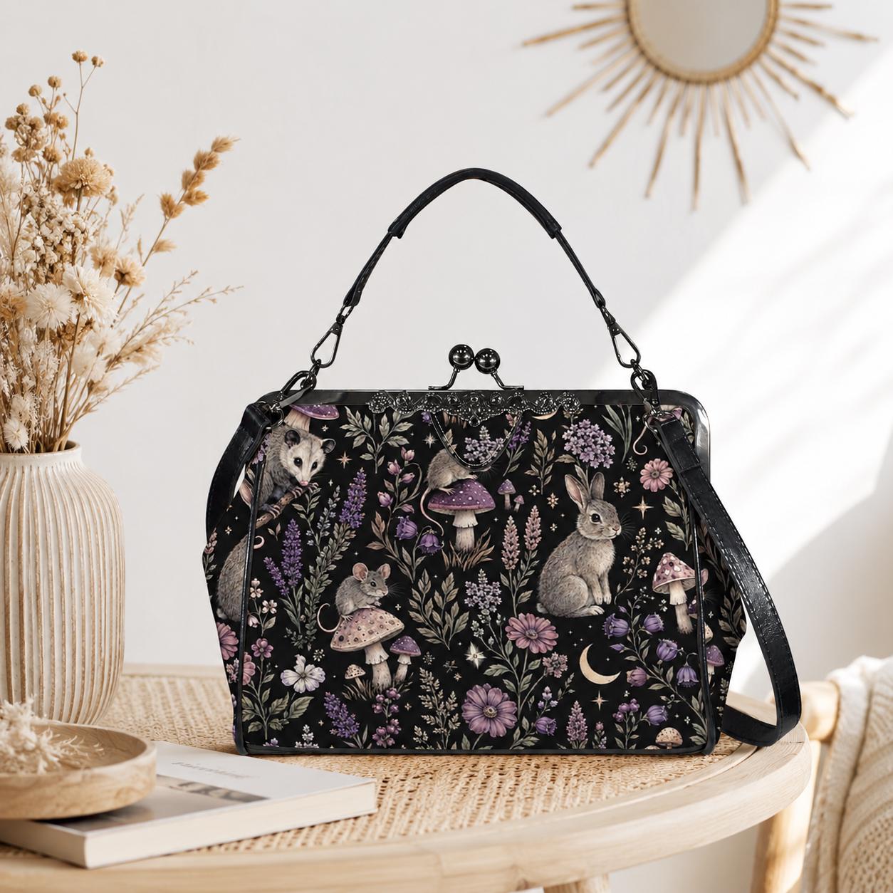 Woodland Animal Kiss Lock Bag, Opossum Rabbit Mouse Floral Print Purse