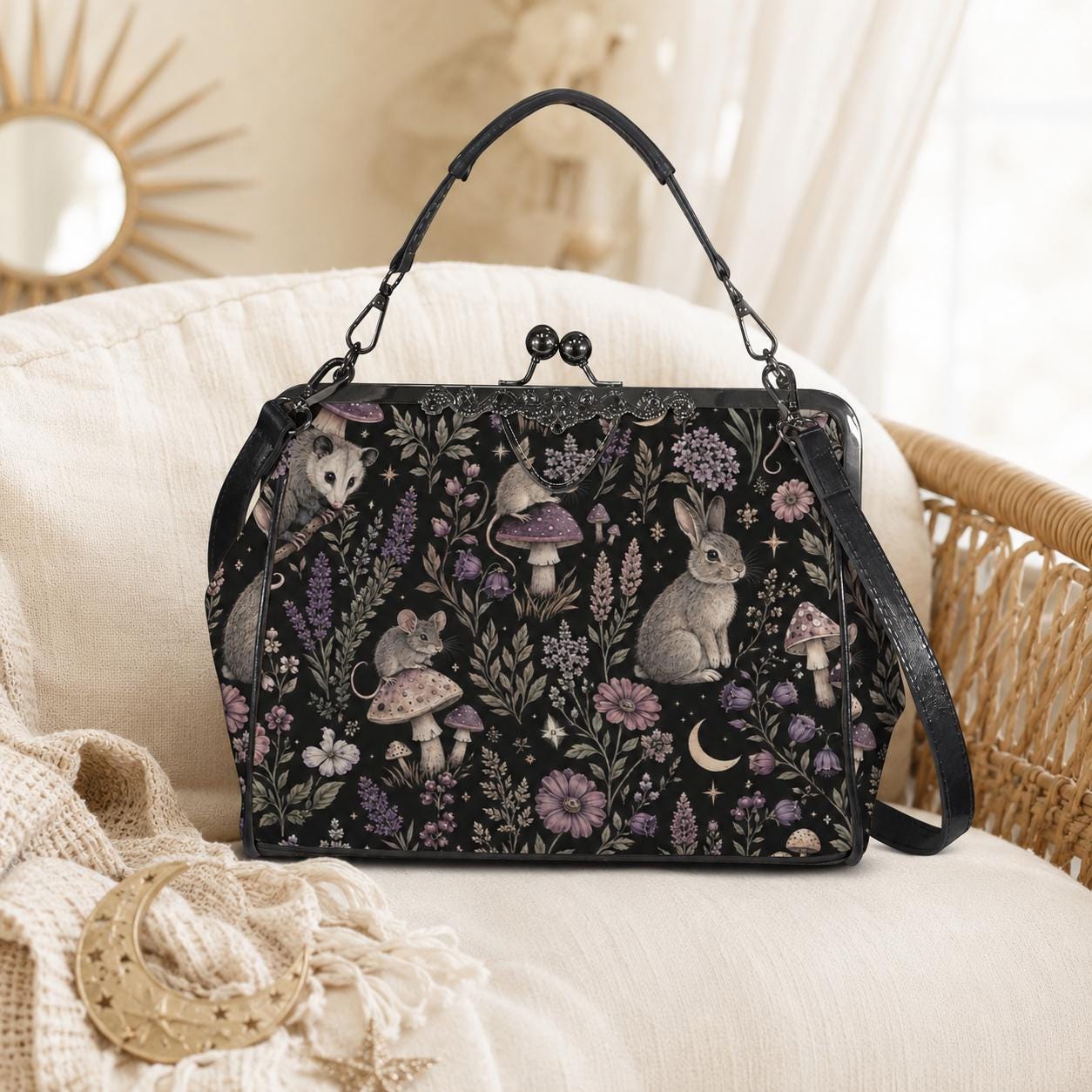 Woodland Animal Kiss Lock Bag, Opossum Rabbit Mouse Floral Print Purse