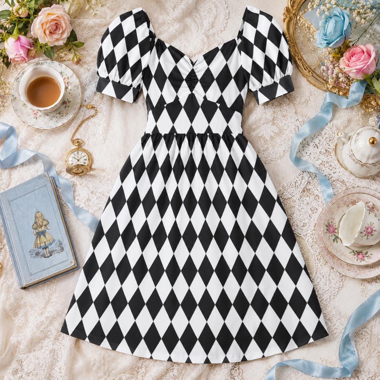 Gothic Alice Harlequin Mini Dress, Checkered Puff Sleeve Costume, Fairy Tale Halloween Outfit