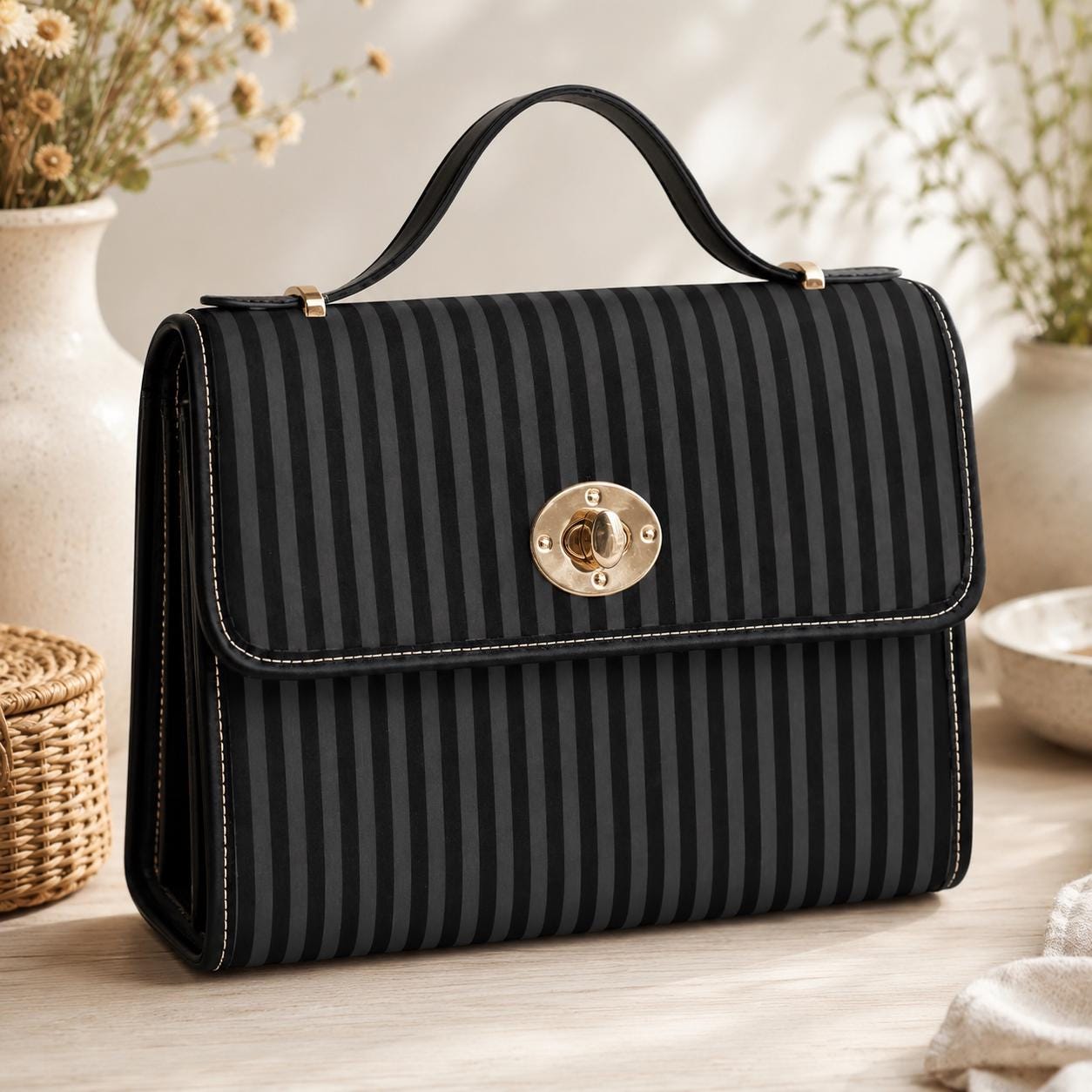 Black Stripe Satchel Bag, Minimalist Top Handle Purse, Tailored Monochrome Handbag