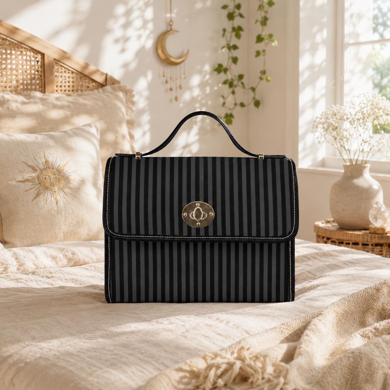 Black Stripe Satchel Bag, Minimalist Top Handle Purse, Tailored Monochrome Handbag