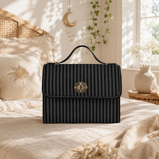 Black Stripe Satchel Bag, Minimalist Top Handle Purse, Tailored Monochrome Handbag