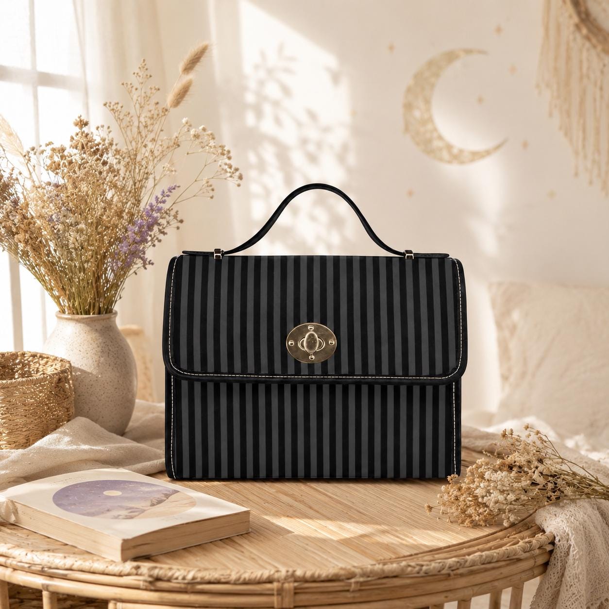 Black Stripe Satchel Bag, Minimalist Top Handle Purse, Tailored Monochrome Handbag