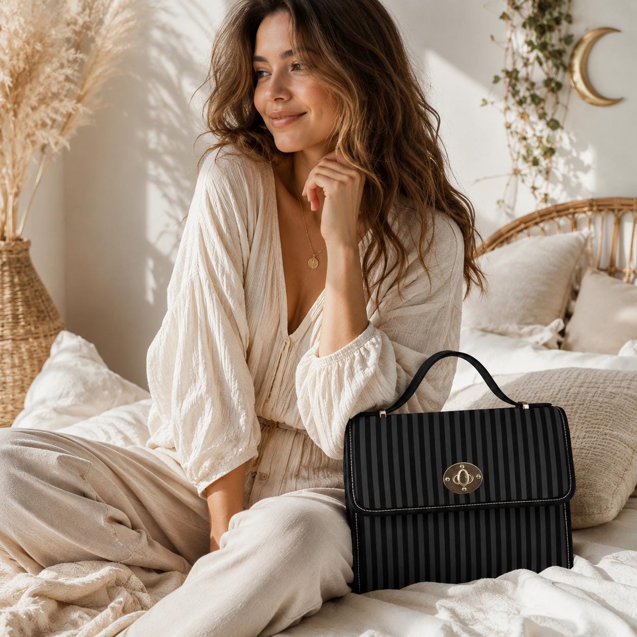 Black Stripe Satchel Bag, Minimalist Top Handle Purse, Tailored Monochrome Handbag
