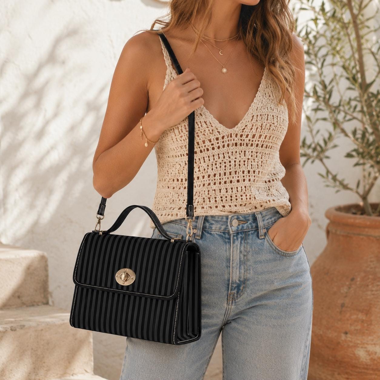 Black Stripe Satchel Bag, Minimalist Top Handle Purse, Tailored Monochrome Handbag