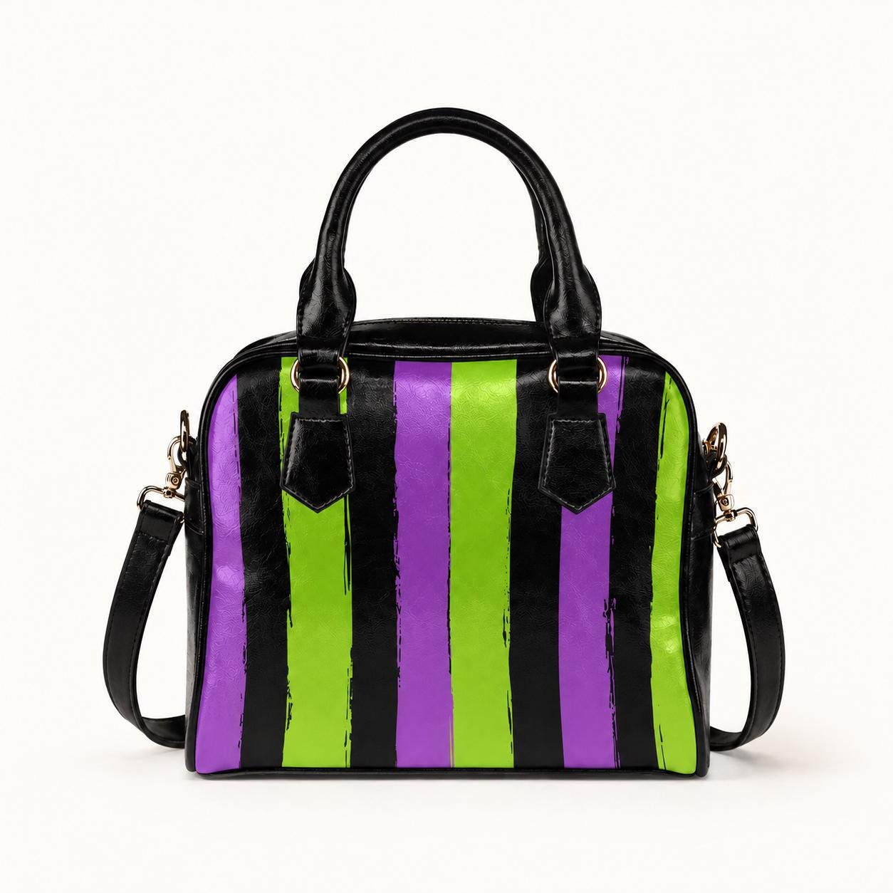 Goth Striped Handbag, Purple Green Top Handle Purse, Spooky Crossbody Satchel