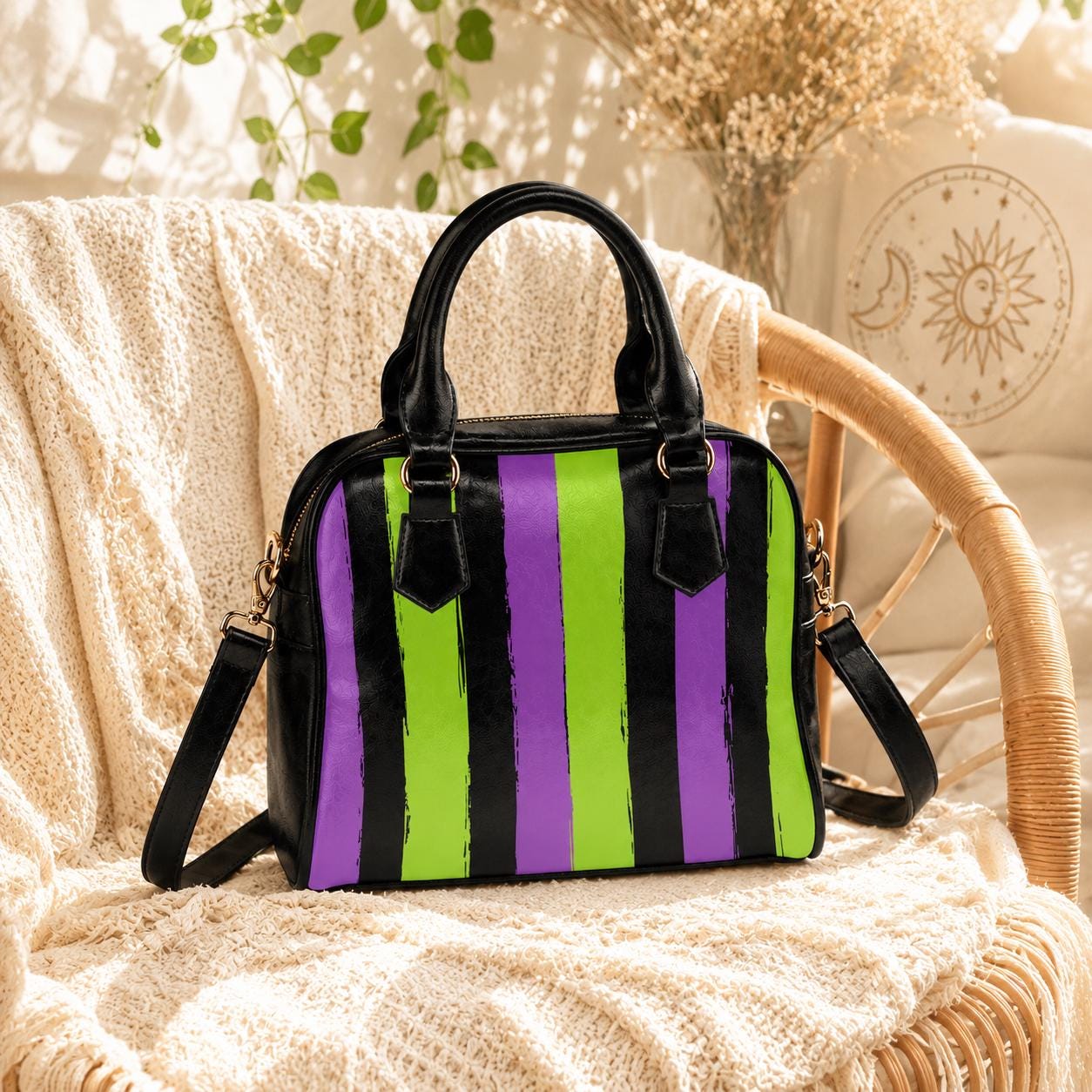 Goth Striped Handbag, Purple Green Top Handle Purse, Spooky Crossbody Satchel